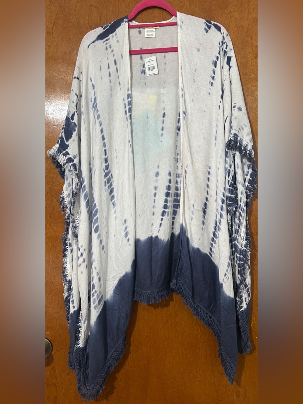 Magnolia Blue and White Tie-Dye Kimono with Fringe